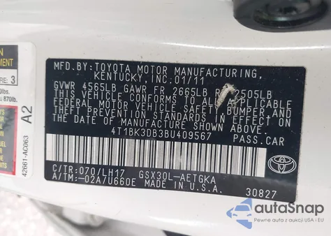 2011 Toyota Avalon z USA, uszkodzony, nr VIN 4T1BK3DB3BU409567